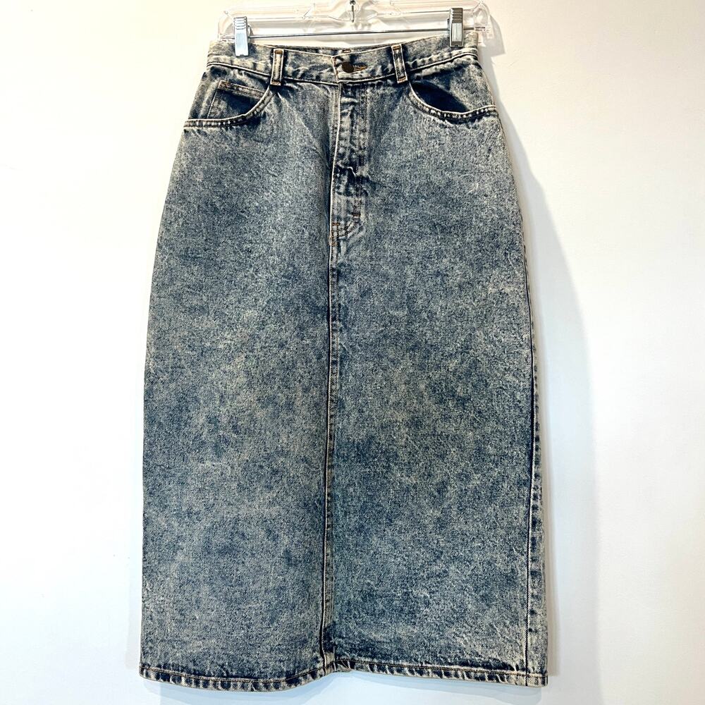 Vtg 80’s No Excuses acid wash midi denim skirt small back slit
